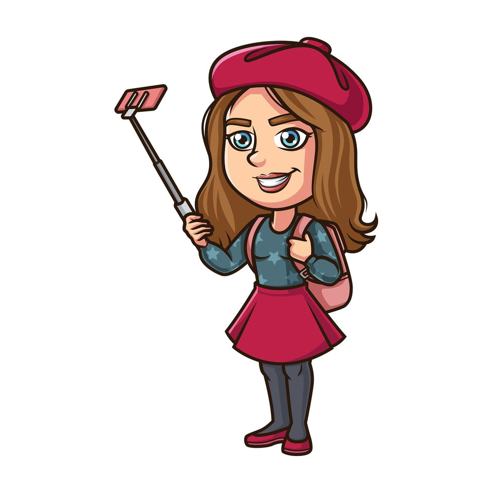 Female tourist taking selfie. PNG - JPG and vector EPS (infinitely scalable).