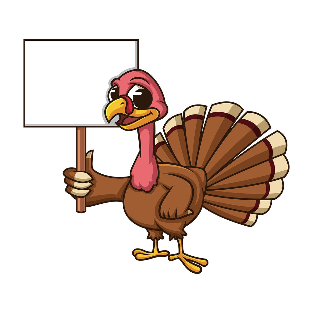 Turkey holding blank sign. PNG - JPG and vector EPS (infinitely scalable). Image isolated on transparent background.
