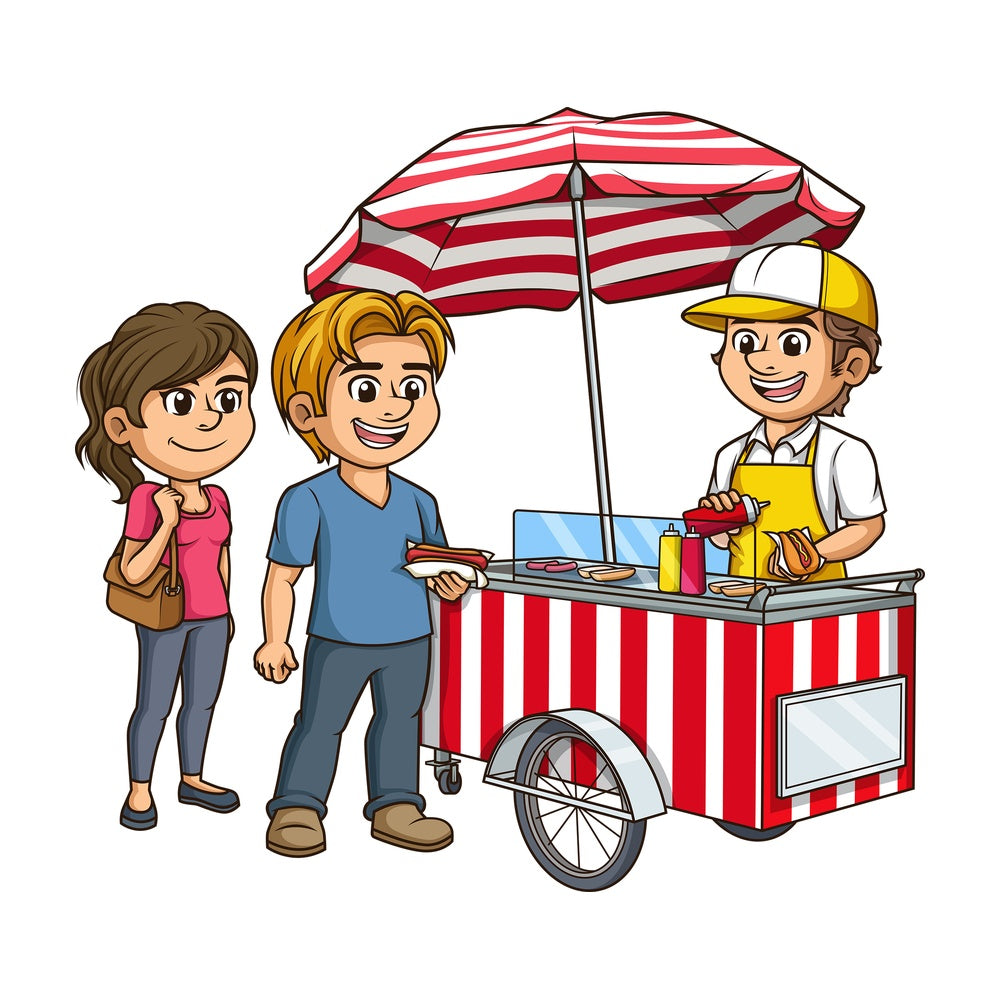 Hot dog cart with customers. PNG - JPG and vector EPS (infinitely scalable).