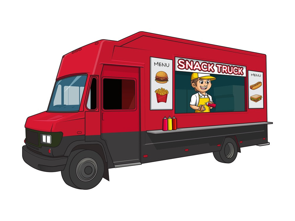 Man selling hot dogs with food truck. PNG - JPG and vector EPS (infinitely scalable).