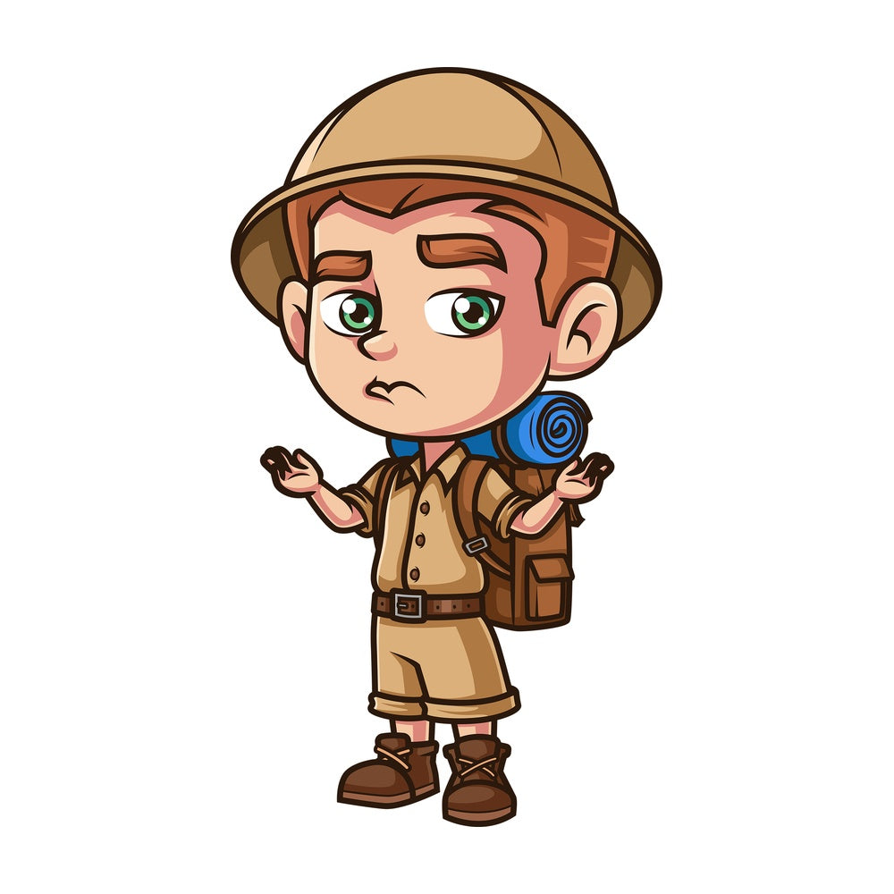 Boy explorer shrugging. PNG - JPG and vector EPS (infinitely scalable).