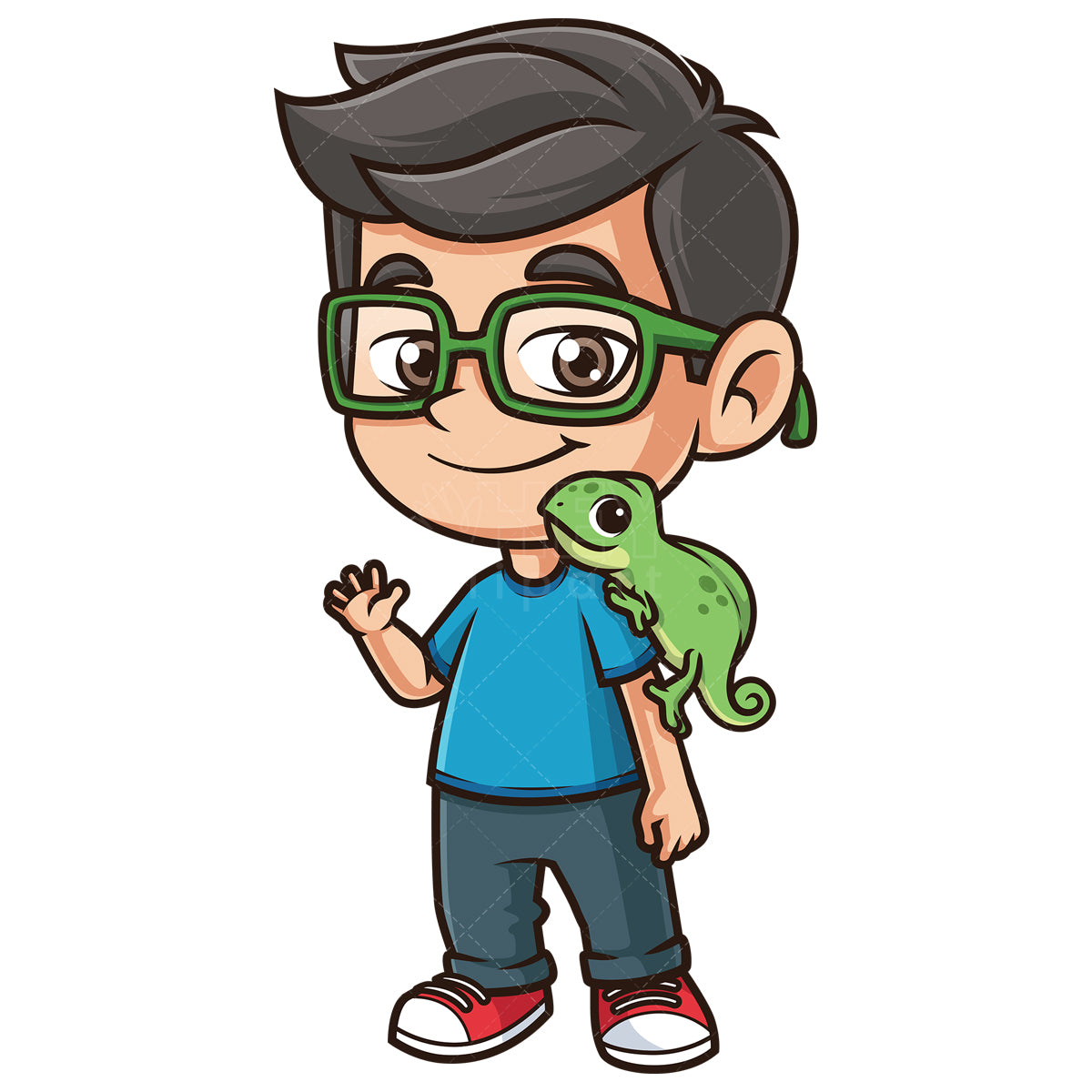 Royalty-free stock vector illustration of a kid with pet chameleon.