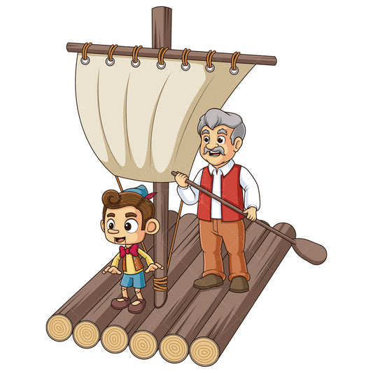 Royalty-free stock vector illustration of a pinocchio and geppetto on raft.