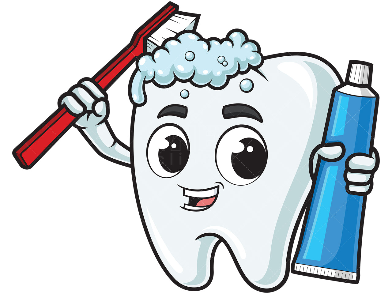 Royalty-free stock vector illustration of a tooth using toothbrush to brush itself.