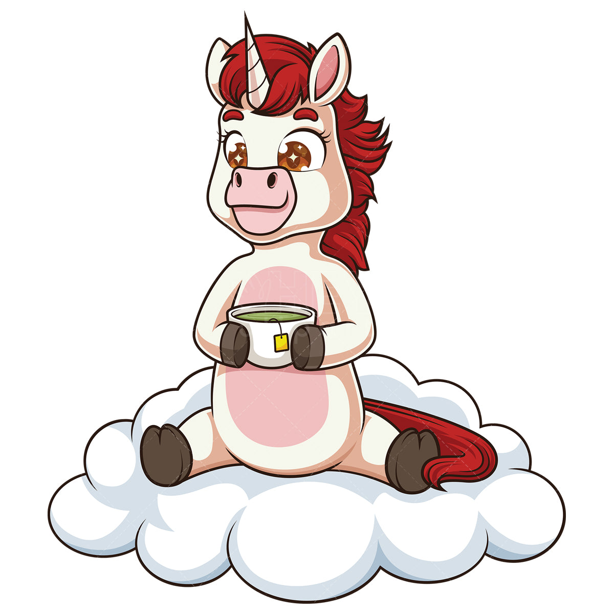 Royalty-free stock vector illustration of a unicorn drinking tea on a cloud.