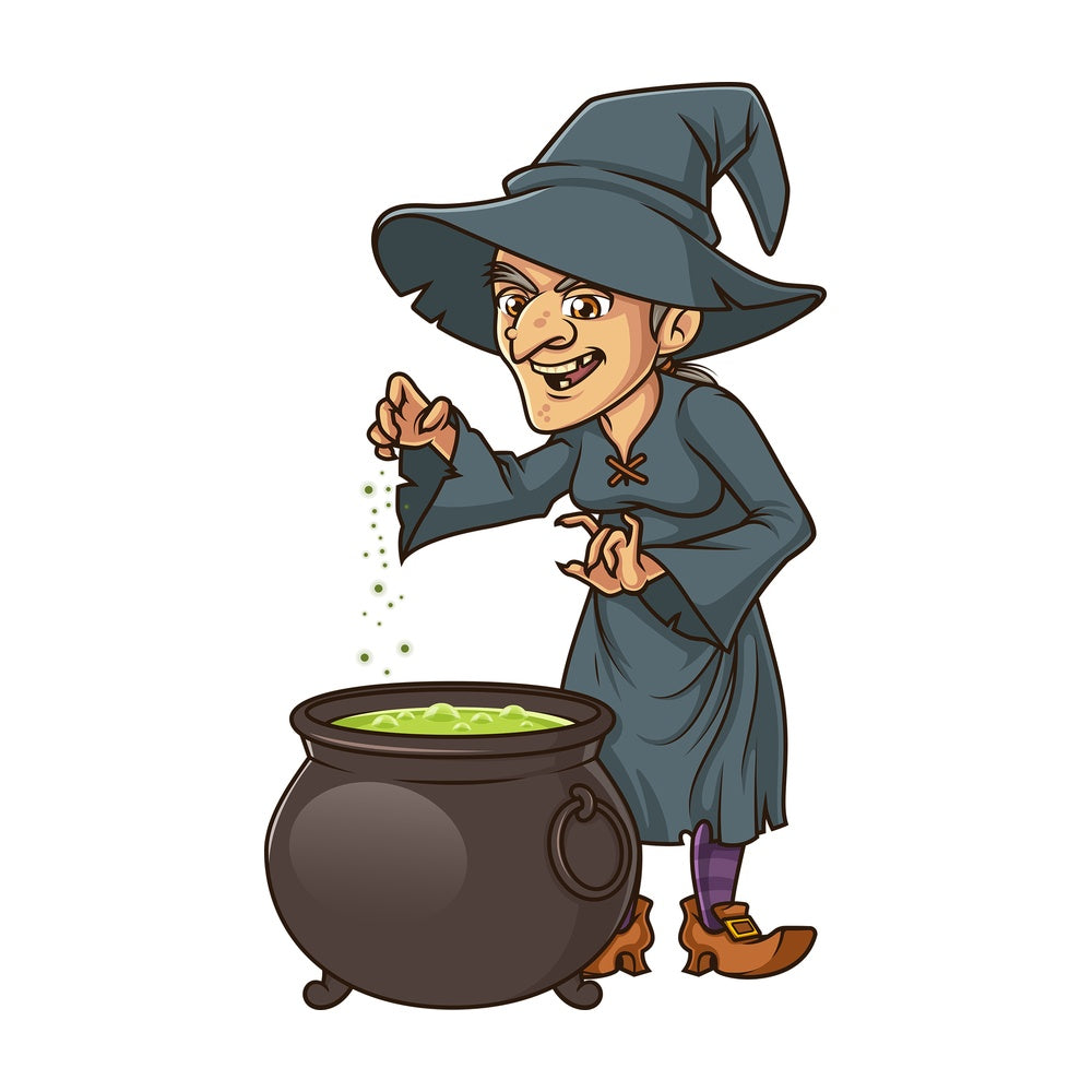 Evil witch casting spell in cauldron. PNG - JPG and vector EPS (infinitely scalable).