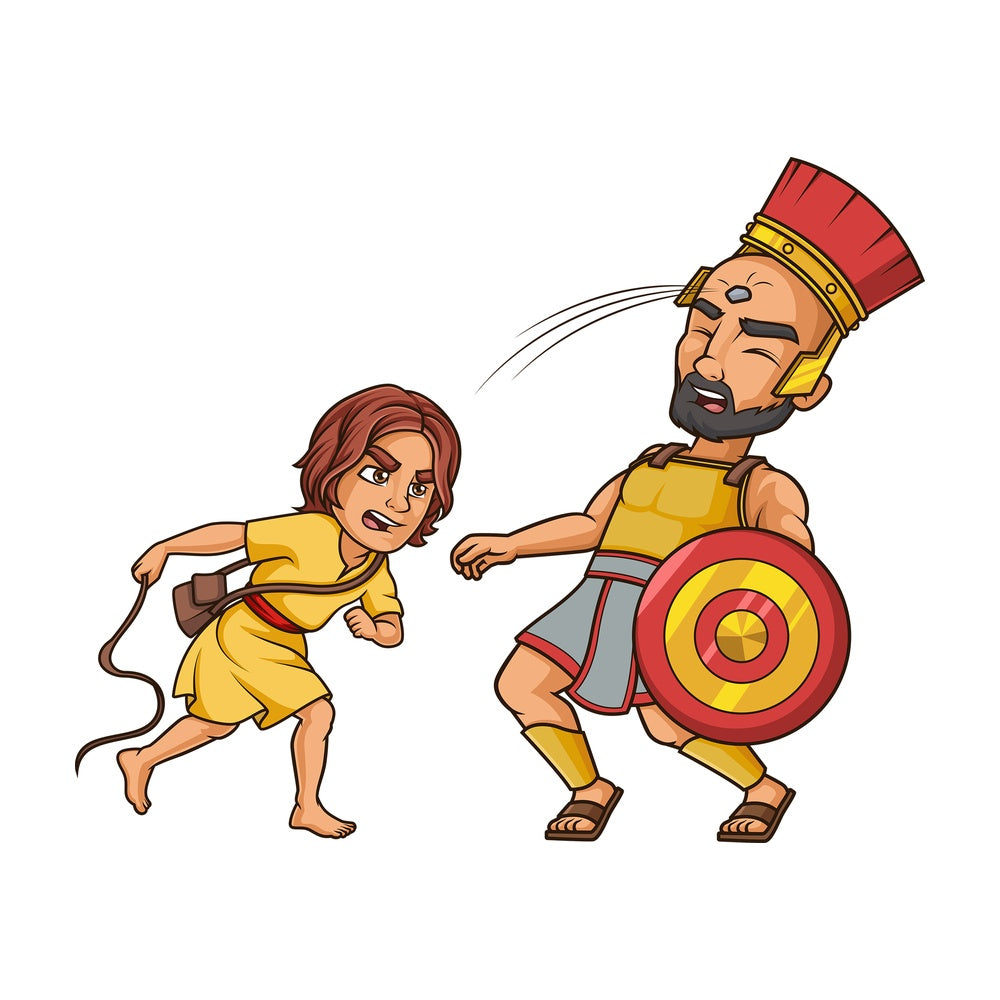 David hitting goliath with sling shot. PNG - JPG and vector EPS (infinitely scalable).