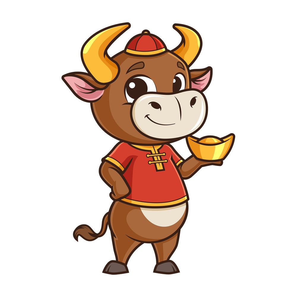 New year ox holding chinese gold ignot. PNG - JPG and vector EPS (infinitely scalable).