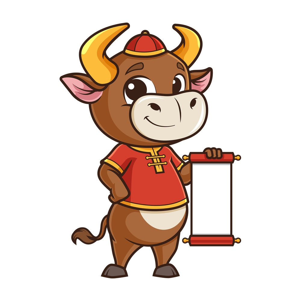 Chinese new year ox holding blank scroll. PNG - JPG and vector EPS (infinitely scalable).