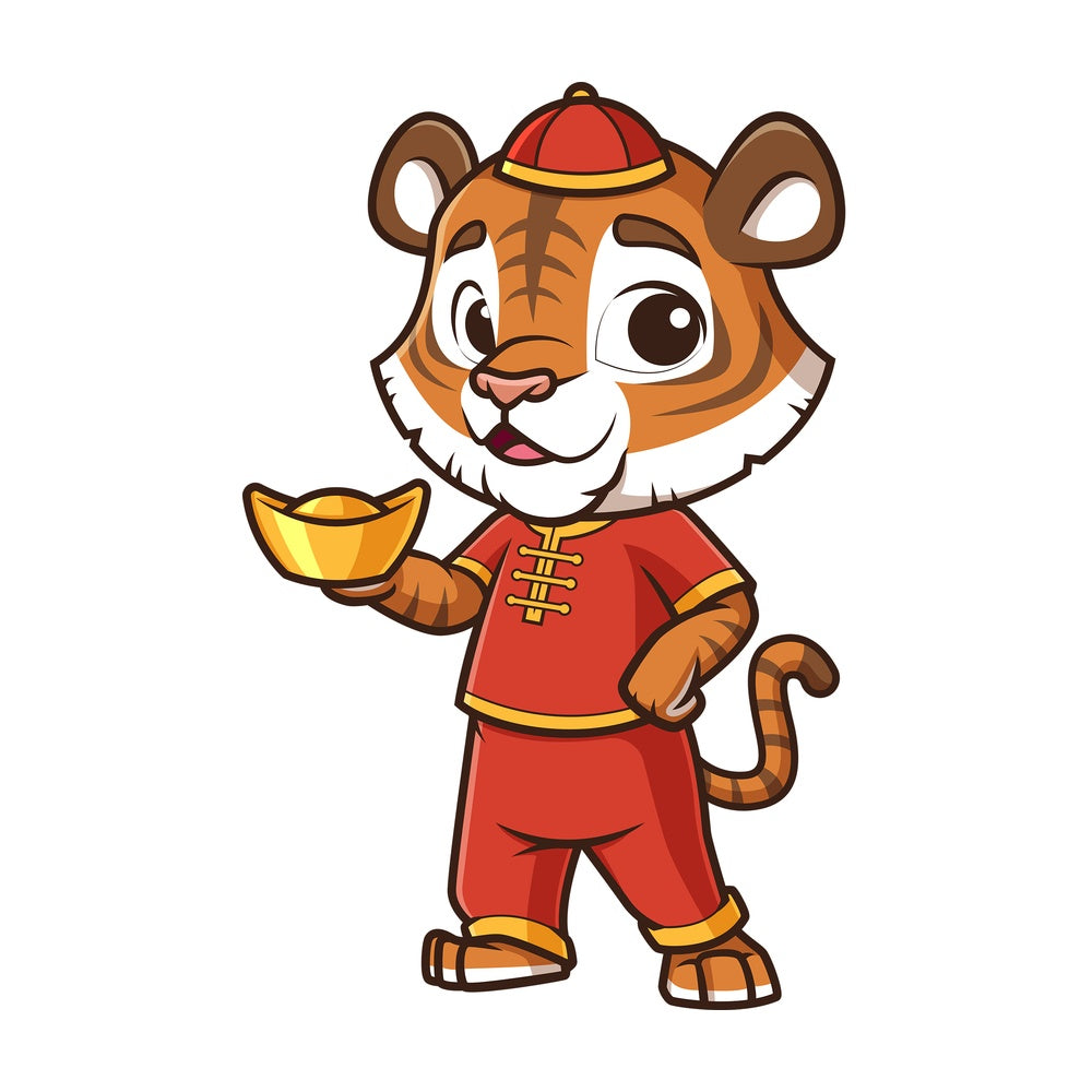 New year tiger holding chinese gold ignot. PNG - JPG and vector EPS (infinitely scalable).