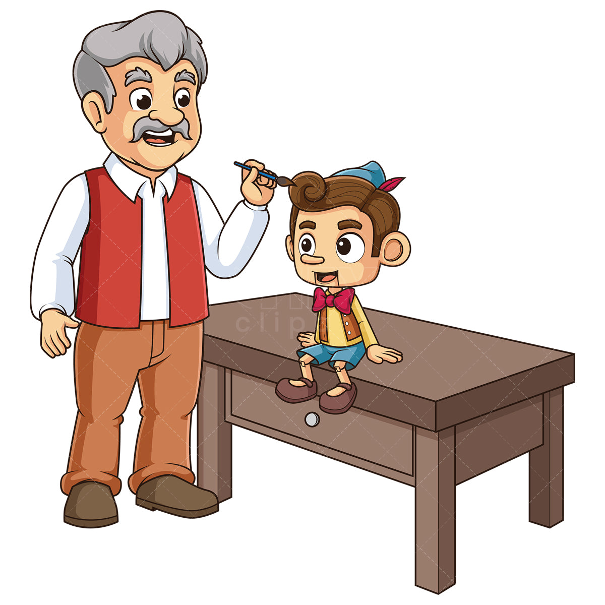 Royalty-free stock vector illustration of a geppetto making pinocchio.