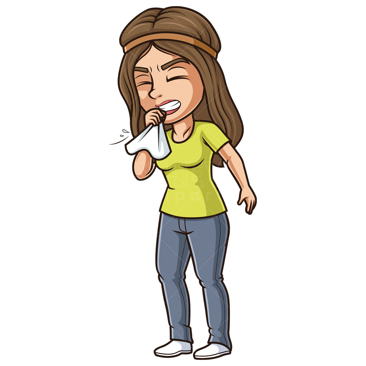 Royalty-free stock vector illustration of a young woman sneezing.