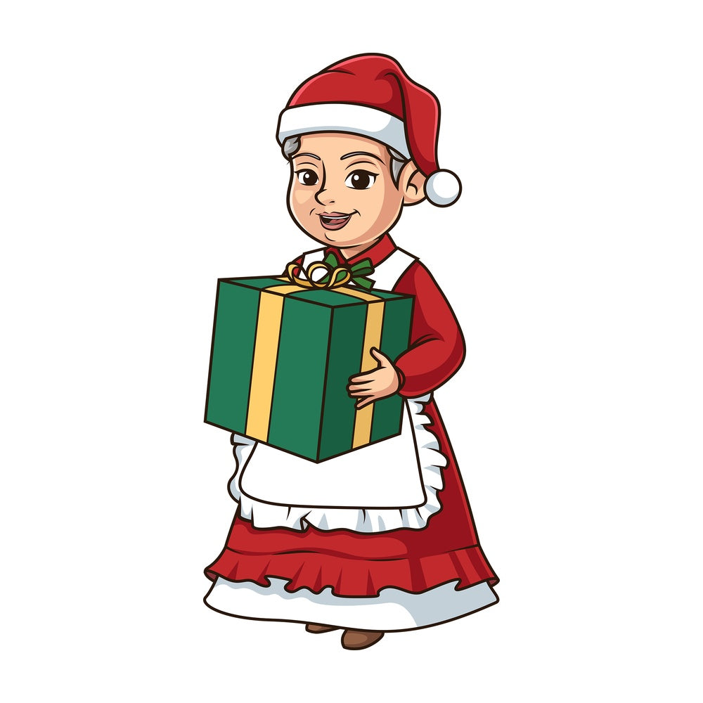 Mrs santa claus holding a present. PNG - JPG and vector EPS (infinitely scalable).