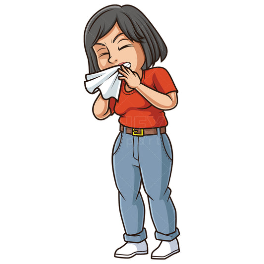 Royalty-free stock vector illustration of a middle-aged woman sneezing.