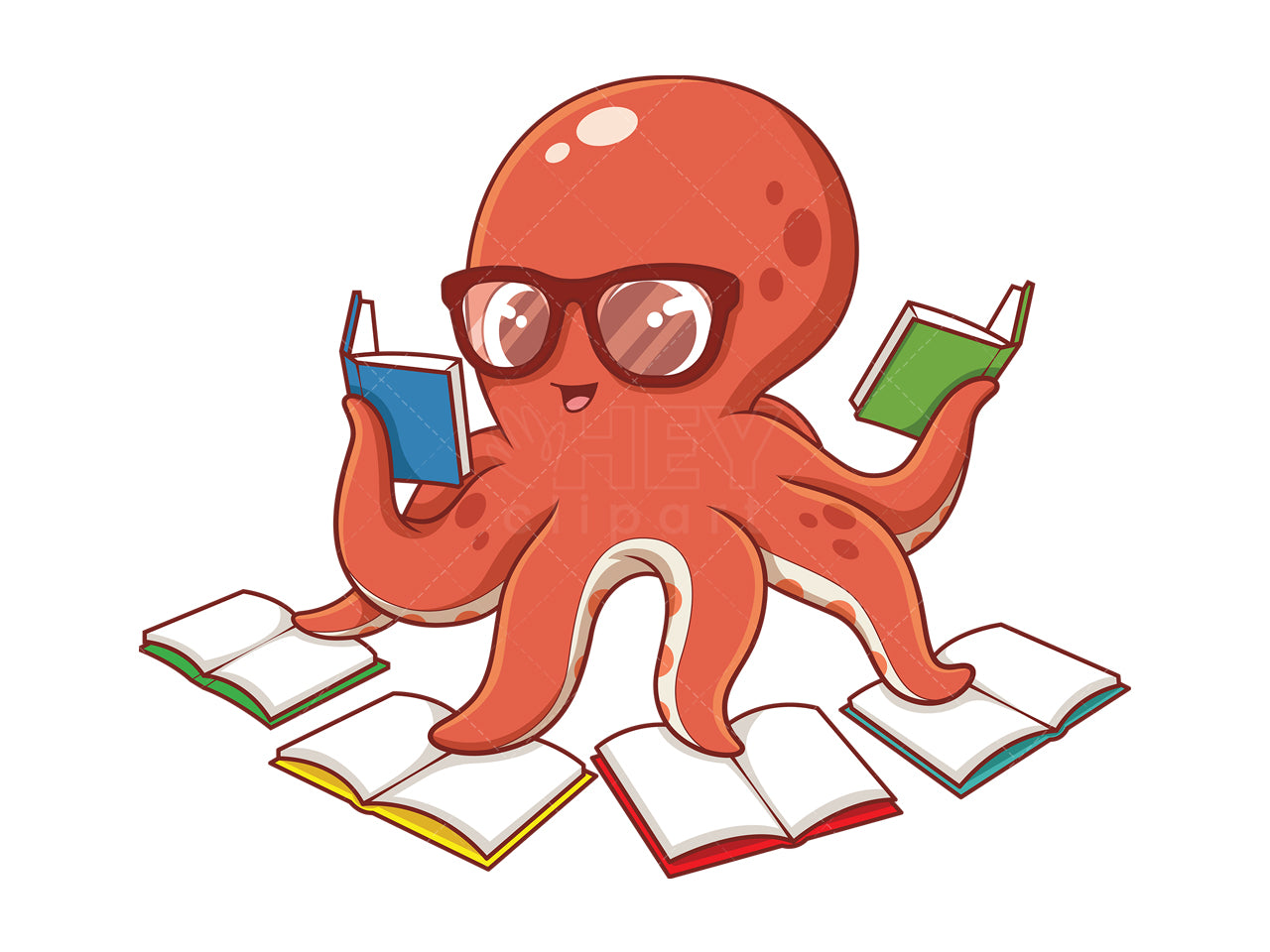 Royalty-free stock vector illustration of an octopus reading books.