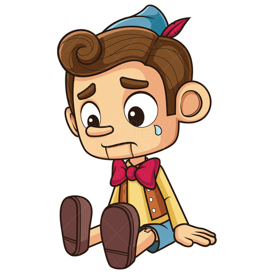 Royalty-free stock vector illustration of a pinocchio crying.