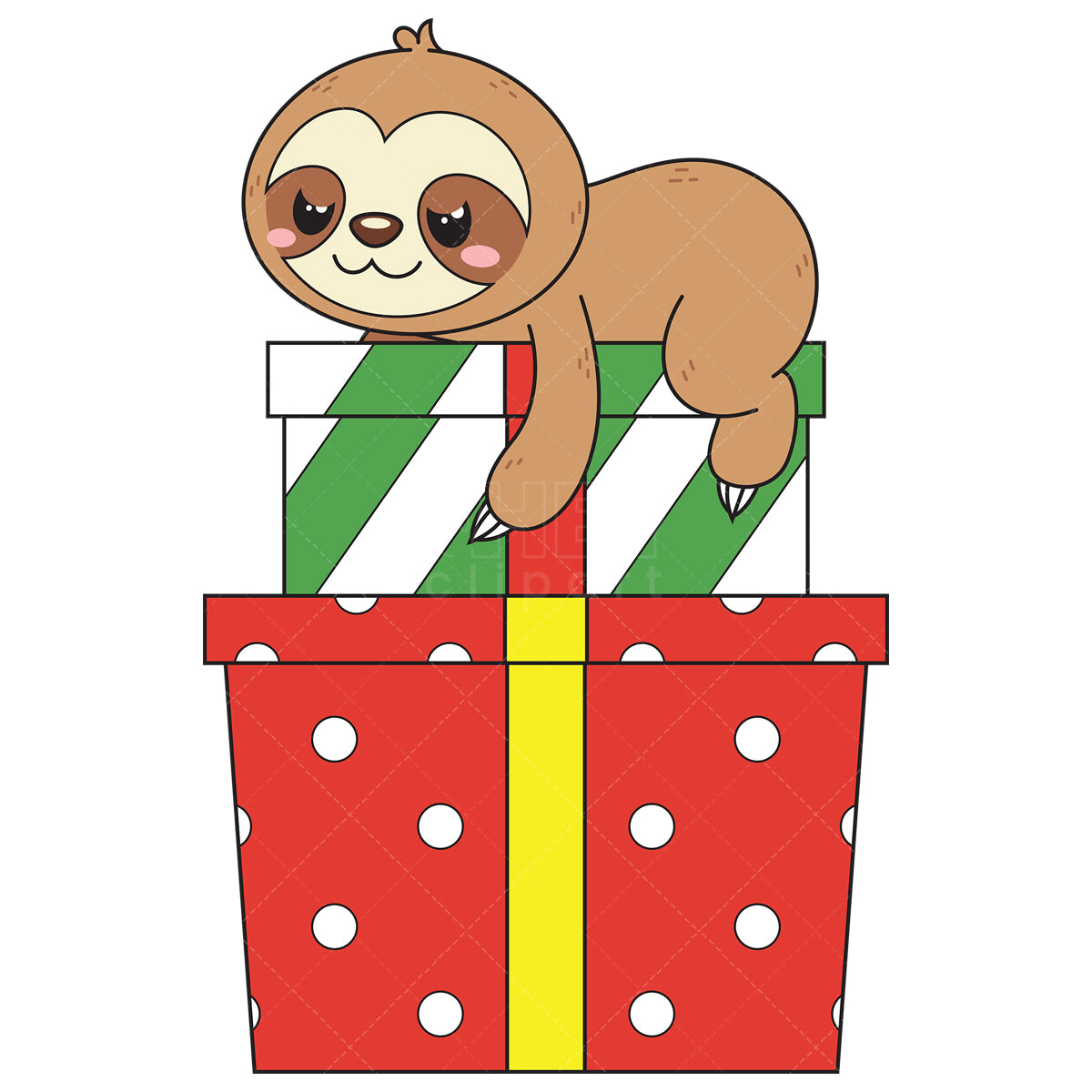 Royalty-free vector illustration of a sloth resting on pile of presents.