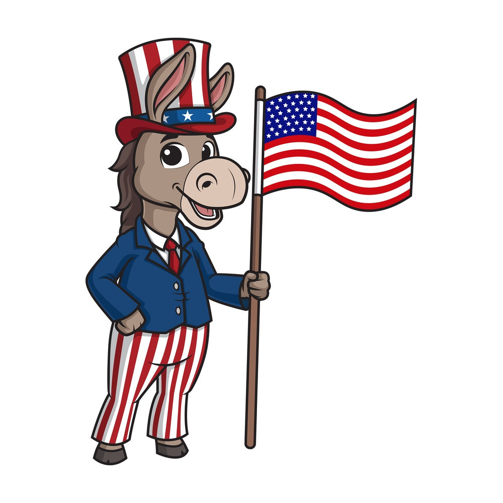 Democratic donkey holding american flag. PNG - JPG and vector EPS (infinitely scalable).