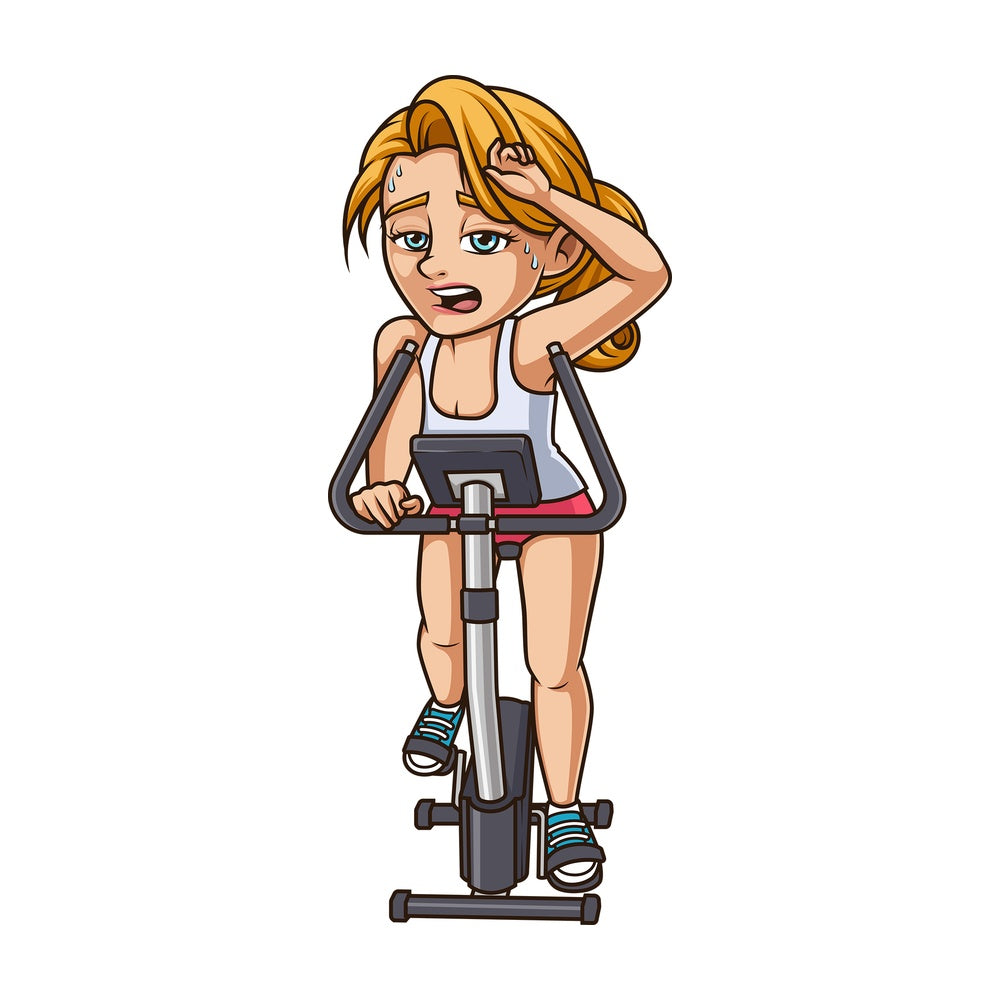 Woman sweating on exercise bike. PNG - JPG and vector EPS (infinitely scalable).