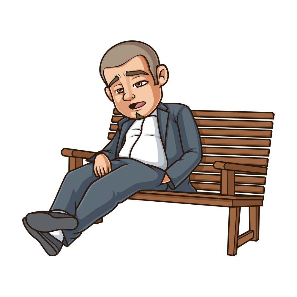 Worn out hispanic man sitting on bench. PNG - JPG and vector EPS (infinitely scalable).