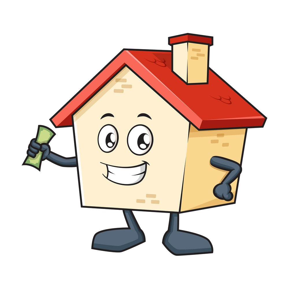 House mascot holding money. PNG - JPG and vector EPS (infinitely scalable).
