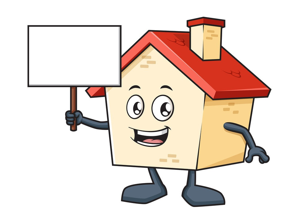 House mascot holding blank sign. PNG - JPG and vector EPS (infinitely scalable).