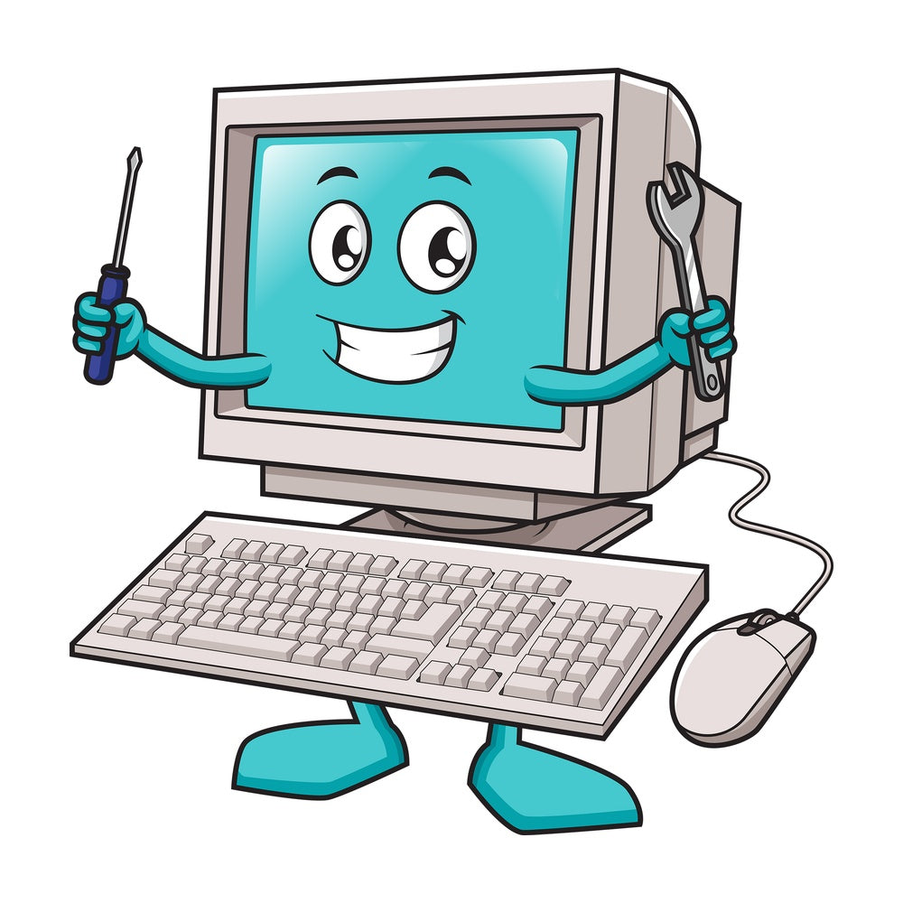 PC mascot holding repair tools. PNG - JPG and vector EPS (infinitely scalable).