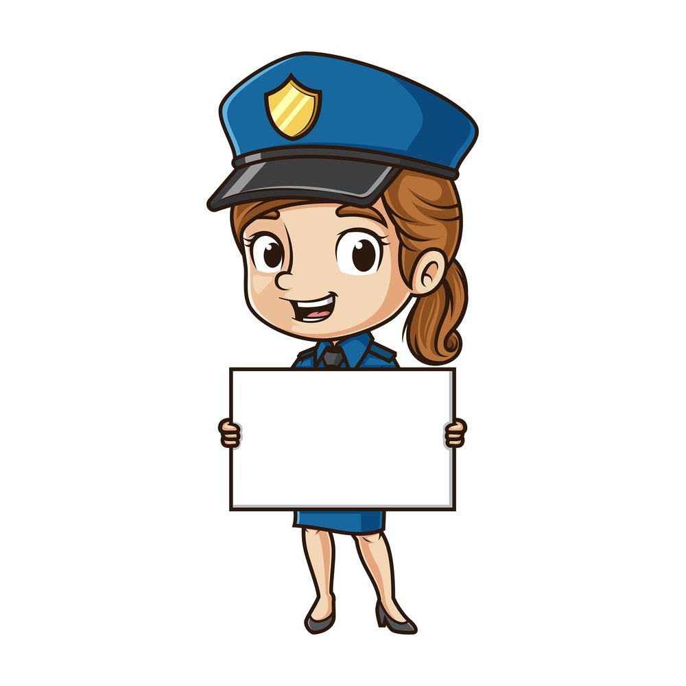 Cute policewoman holding blank sign. PNG - JPG and vector EPS (infinitely scalable).