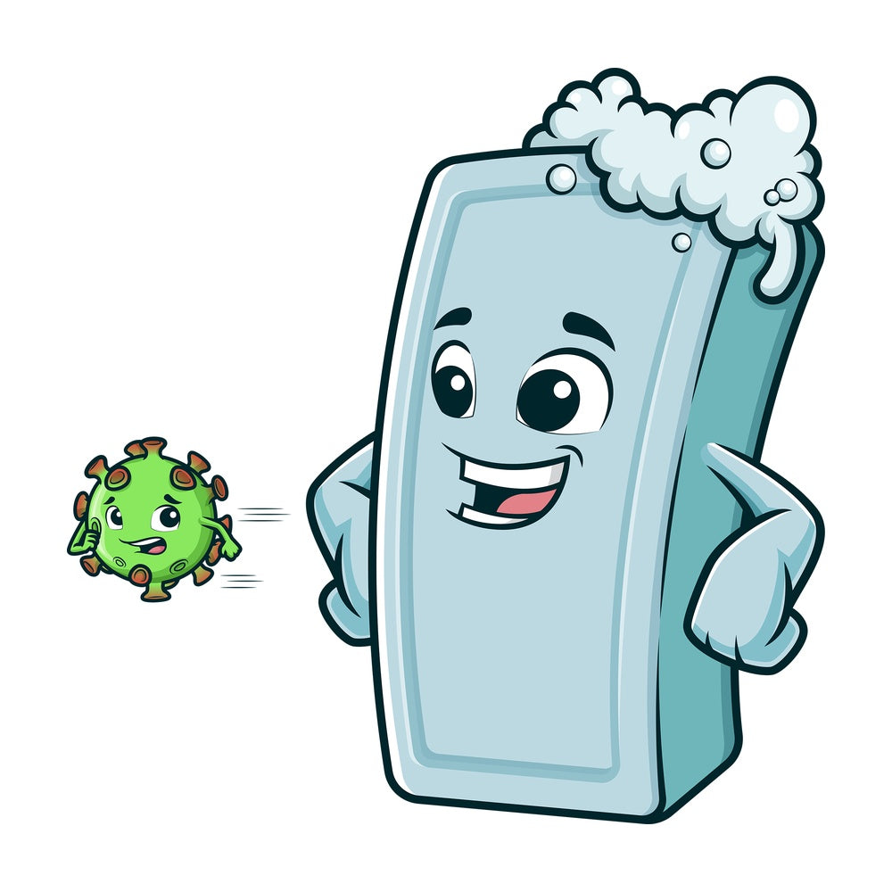 Soap bar scaring away virus. PNG - JPG and vector EPS (infinitely scalable).