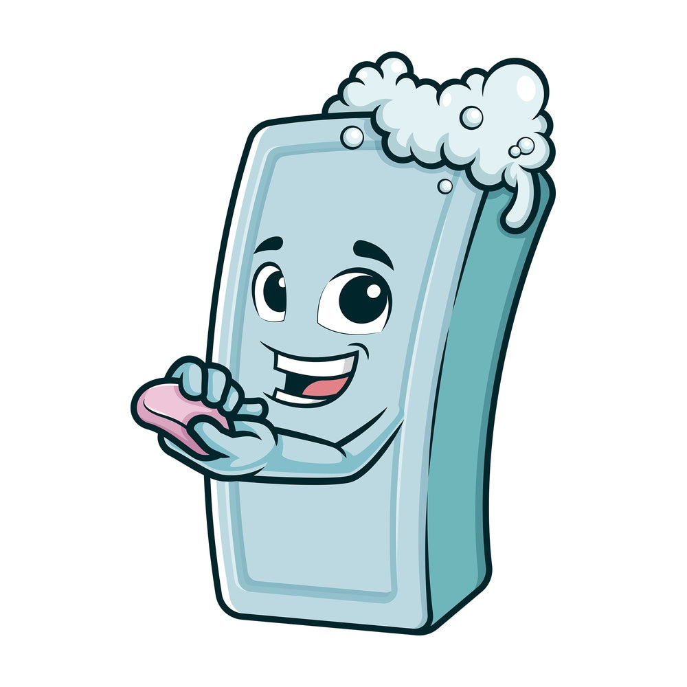 Cartoon soap bar washing hands. PNG - JPG and vector EPS (infinitely scalable).