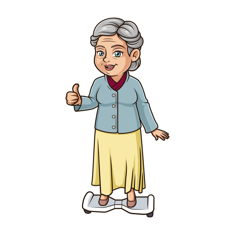 Mature woman on hoverboard. PNG - JPG and vector EPS (infinitely scalable).