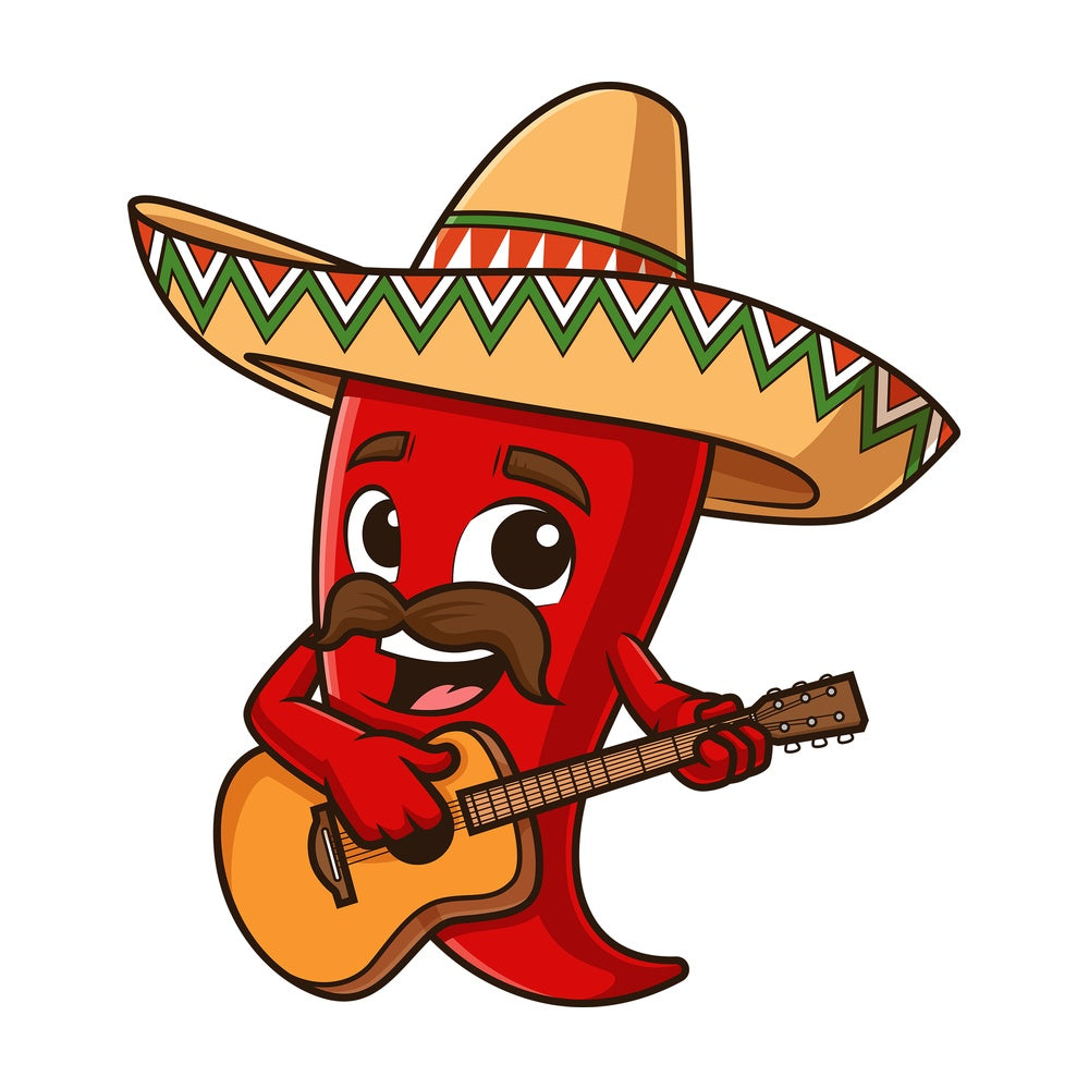 Mexican red pepper playing guitar. PNG - JPG and vector EPS file formats (infinitely scalable). Image isolated on transparent background.