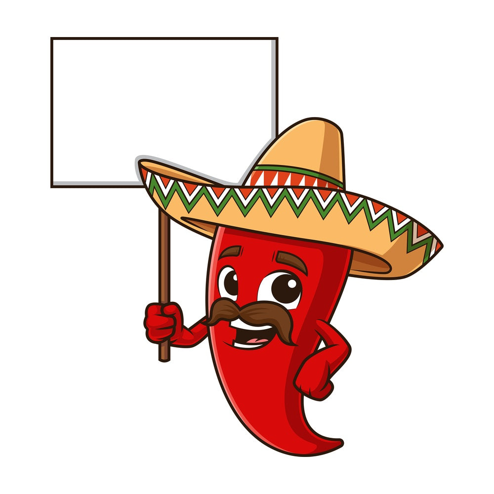 Mexican red pepper holding blank sign. PNG - JPG and vector EPS file formats (infinitely scalable). Image isolated on transparent background.