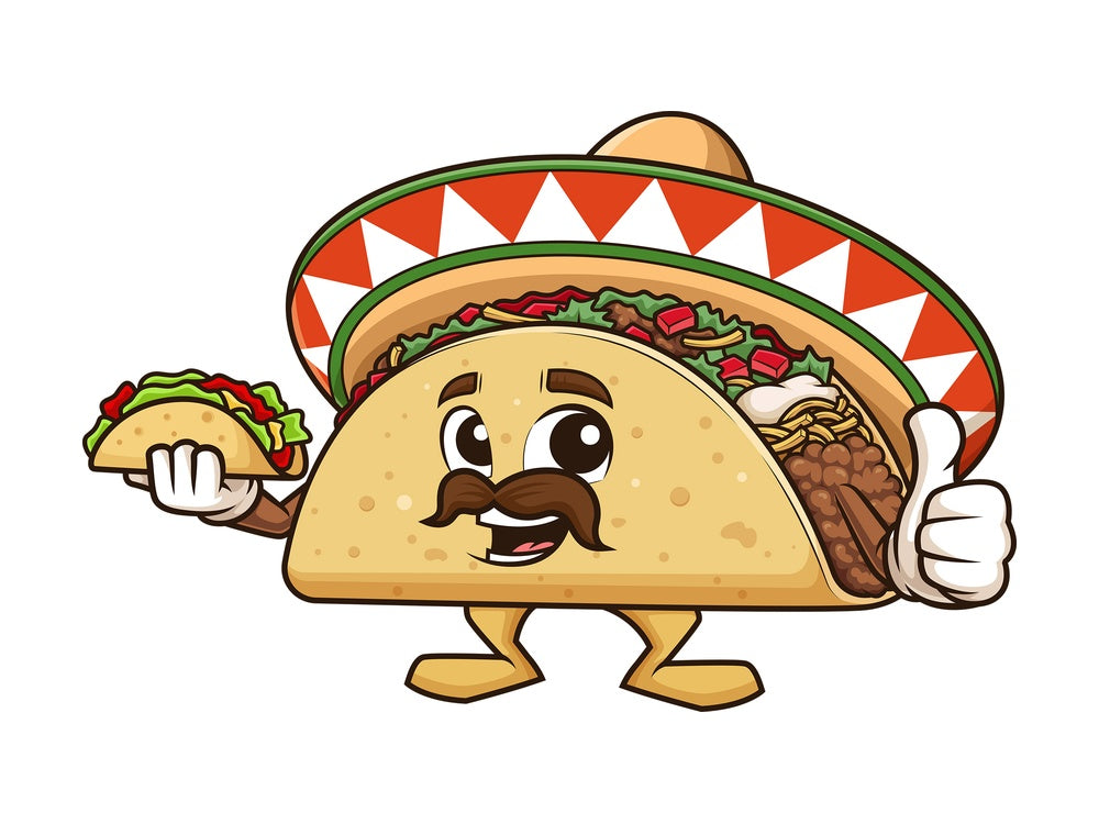 Mexican taco mascot holding taco. PNG - JPG and vector EPS (infinitely scalable).