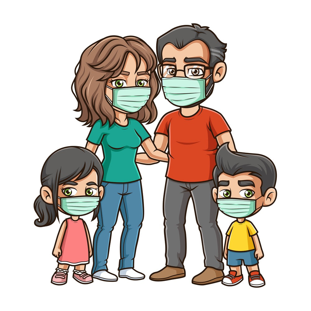 Family wearing surgical face masks. PNG - JPG and vector EPS file formats (infinitely scalable). Image isolated on transparent background.
