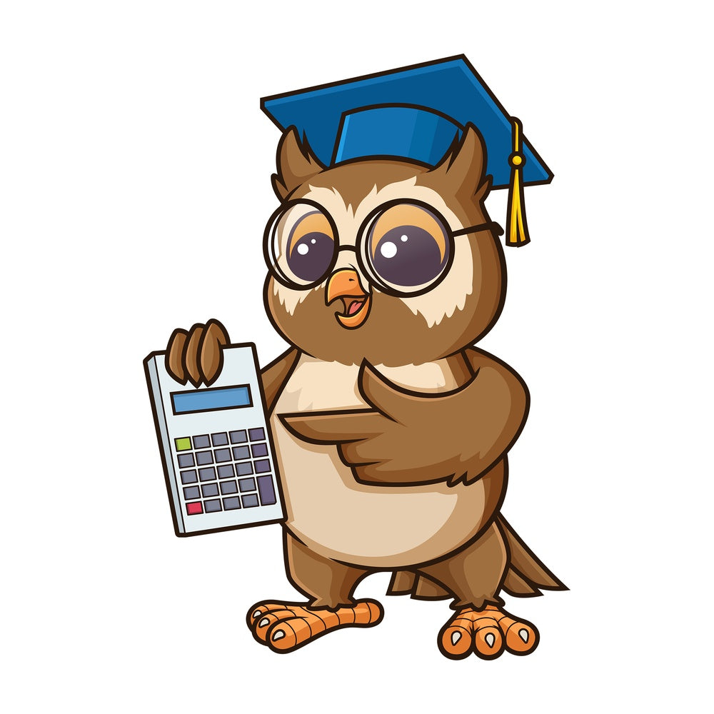 Owl math teacher with calculator. PNG - JPG and vector EPS (infinitely scalable).
