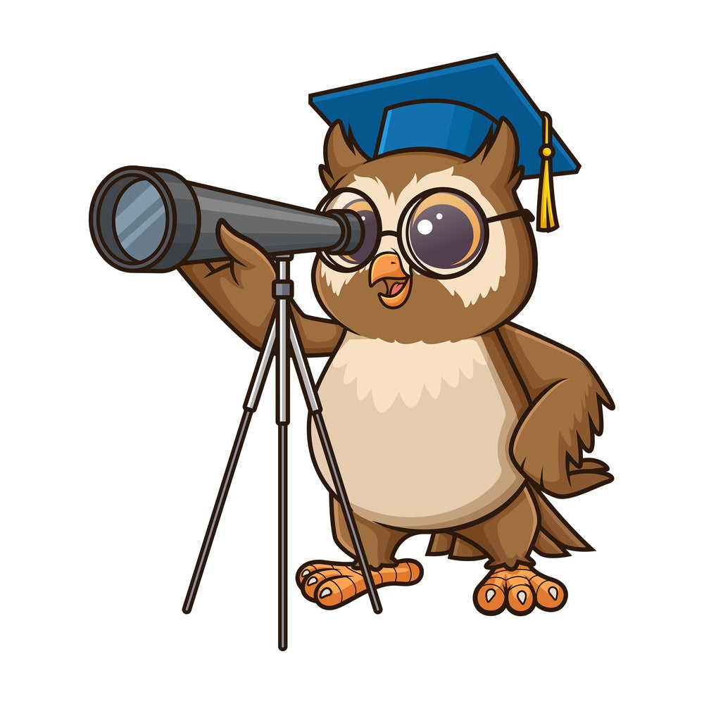 Owl astronomy teacher with telescope. PNG - JPG and vector EPS (infinitely scalable).