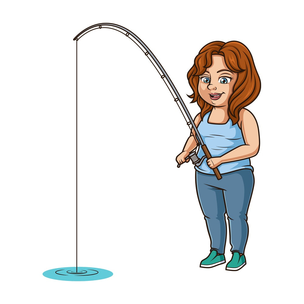 Chubby woman fishing. PNG - JPG and vector EPS (infinitely scalable).
