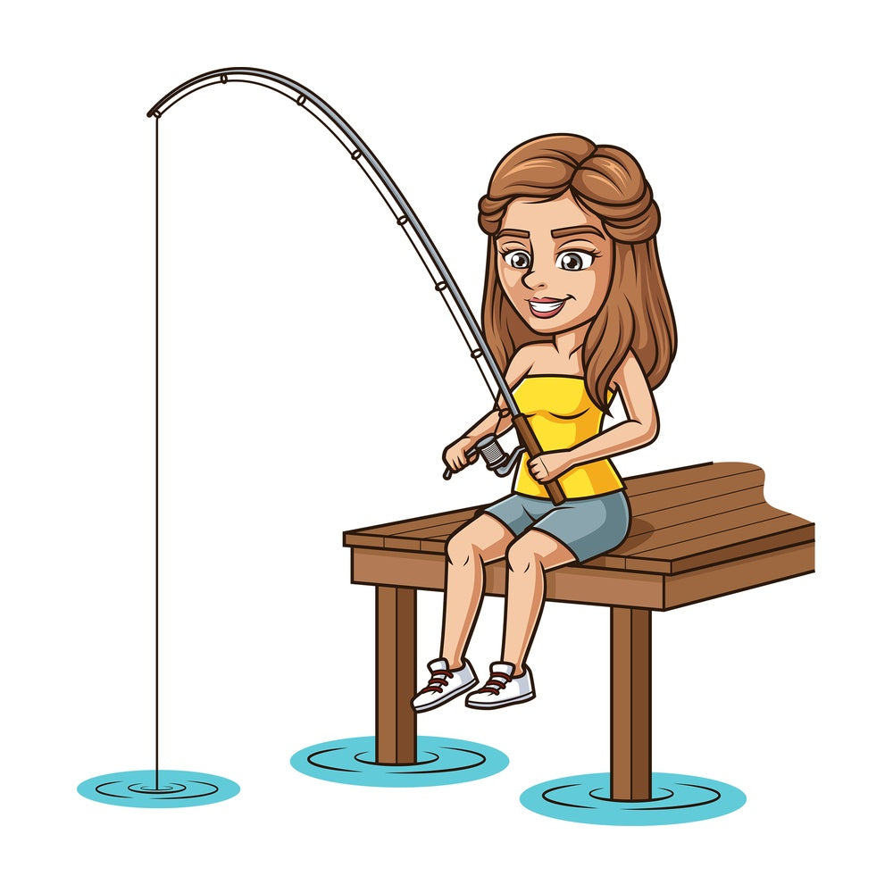 Woman fishing from a dock. PNG - JPG and vector EPS (infinitely scalable).