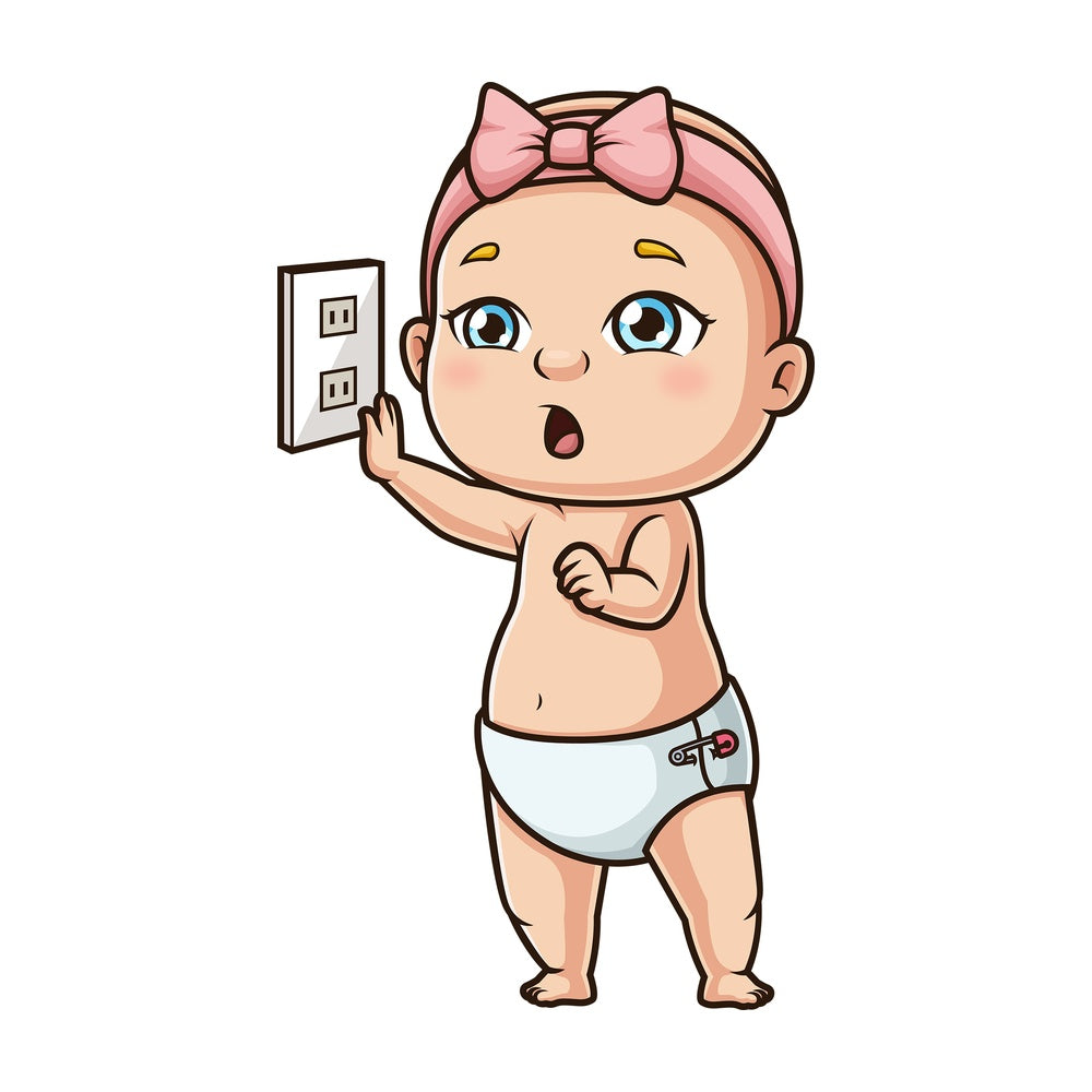 Curious baby girl near plug. PNG - JPG and vector EPS (infinitely scalable).