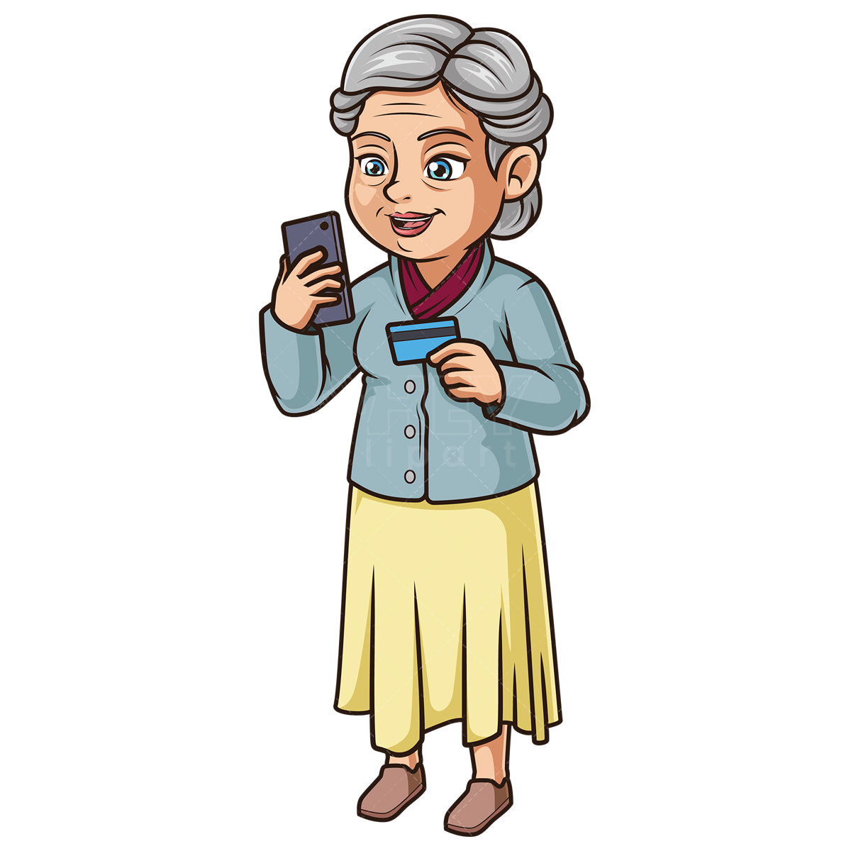 Royalty-free stock vector illustration of an old woman shopping on mobile phone.