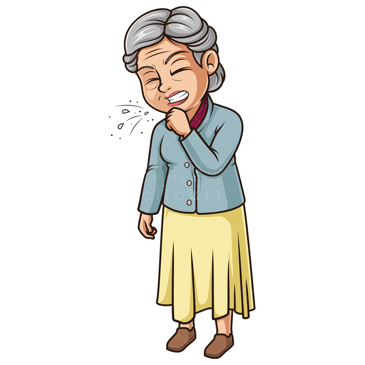 Royalty-free stock vector illustration of an old woman sneezing.