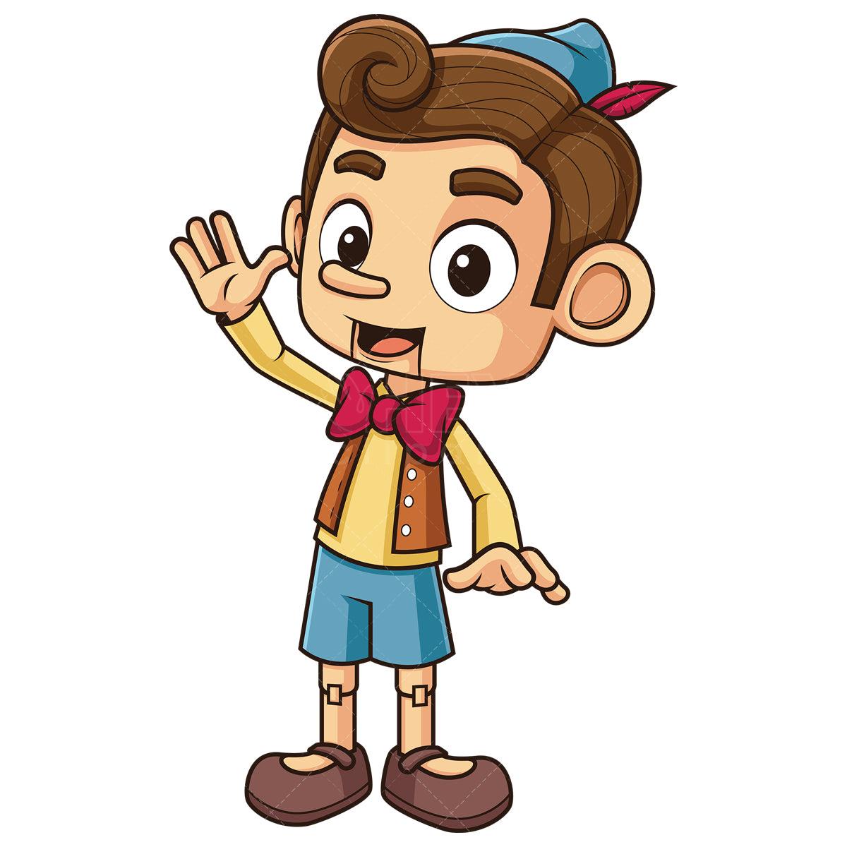 Royalty-free stock vector illustration of a pinocchio waving.
