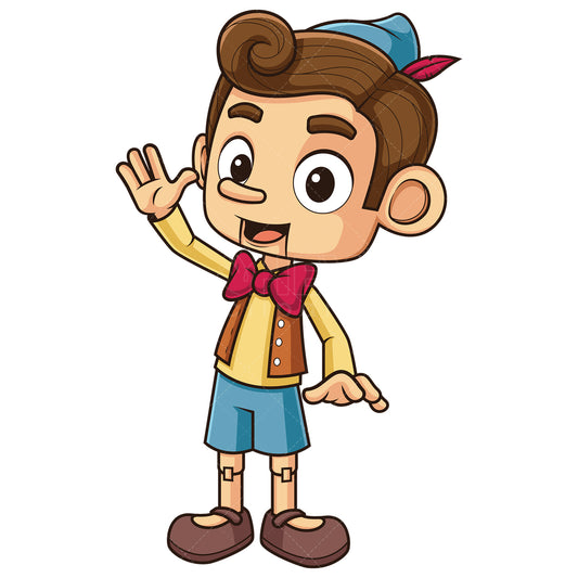 Royalty-free stock vector illustration of a pinocchio waving.