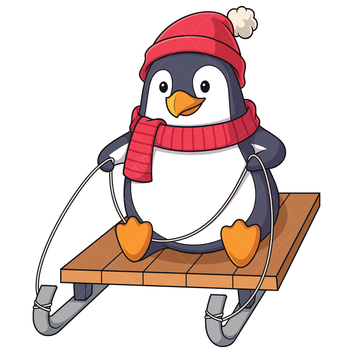 Royalty-free stock vector illustration of a winter penguin riding sleigh.