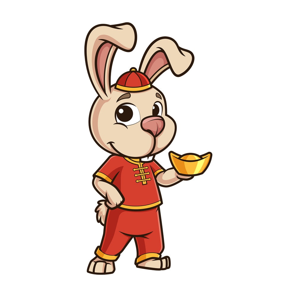 New year rabbit holding chinese gold ignot. PNG - JPG and vector EPS (infinitely scalable).