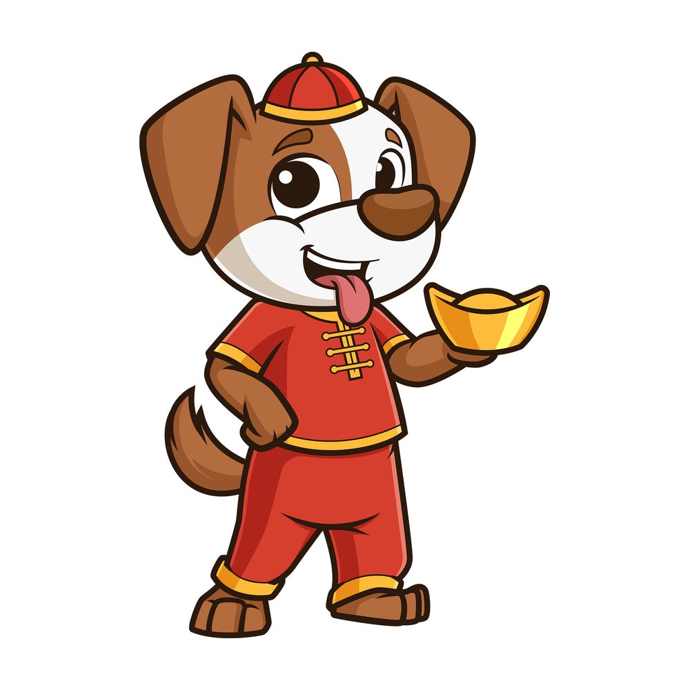 New year dog holding chinese gold ignot. PNG - JPG and vector EPS (infinitely scalable).