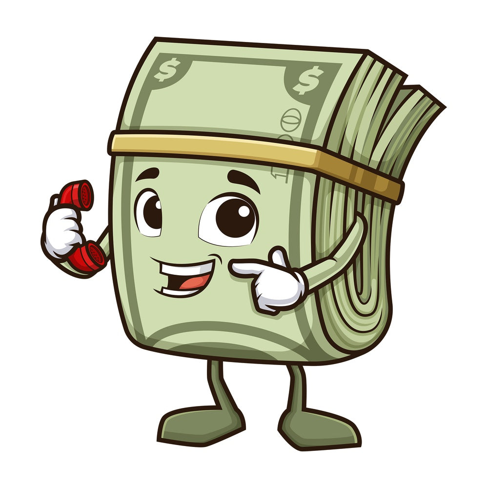 Money mascot pointing to phone. PNG - JPG and vector EPS (infinitely scalable).