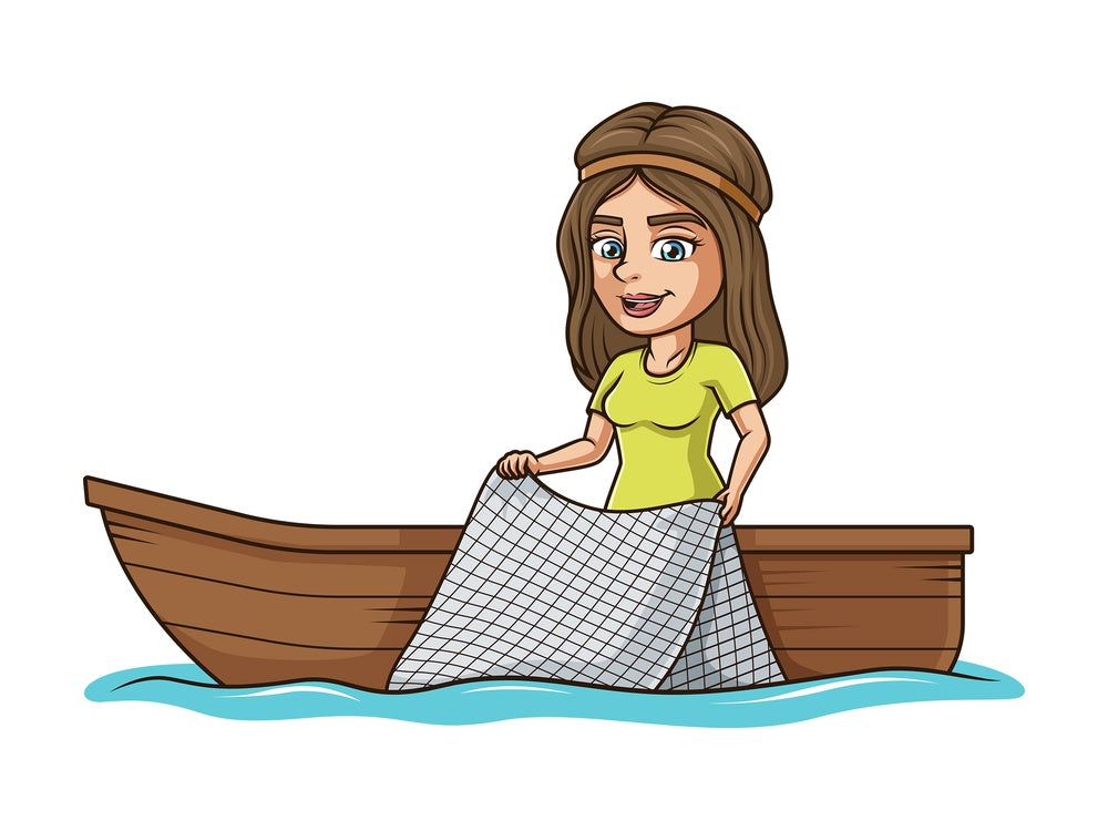 Woman on boat fishing with net. PNG - JPG and vector EPS file formats (infinitely scalable). Image isolated on transparent background.