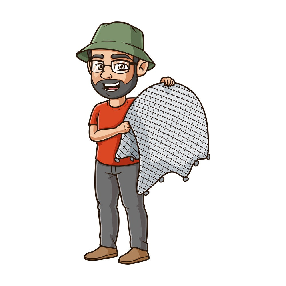 Man holding fishing net. PNG - JPG and vector EPS file formats (infinitely scalable). Image isolated on transparent background.
